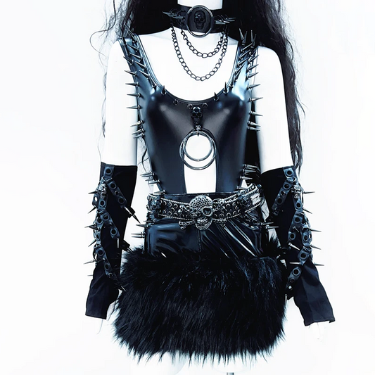 PU leather u neck rivet applique o ring hollow out bodysuit  | Festival Outfits Women