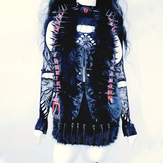 Hollow out PU leather long sleeve fluffy mini skirt set  | Festival Outfits Women