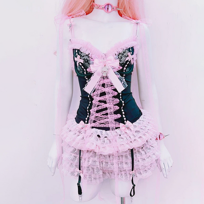 Bowknot v neck ruffle skull applique cami mini dress | Pastel Goth  | Festival Outfits Women