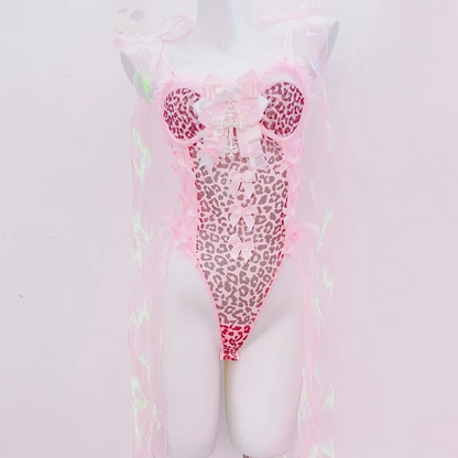 Leopard print bowknot cross applique cami bodysuit | Pastel Goth  | Festival Outfits Women