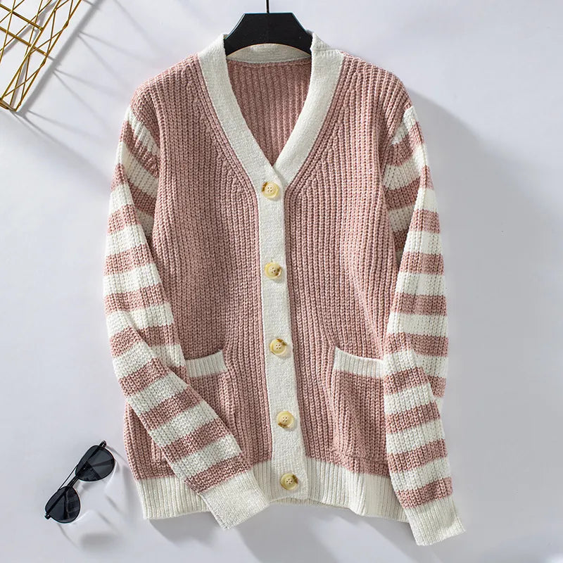 Cárdigan holgado de punto a rayas con botones para mujer | Ideal para otoño/invierno