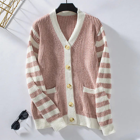 Cárdigan holgado de punto a rayas con botones para mujer | Ideal para otoño/invierno