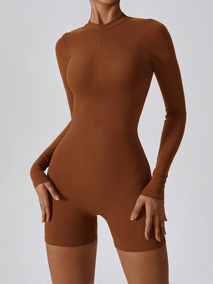 Sporty Solid Zip Up Long Sleeve Romper