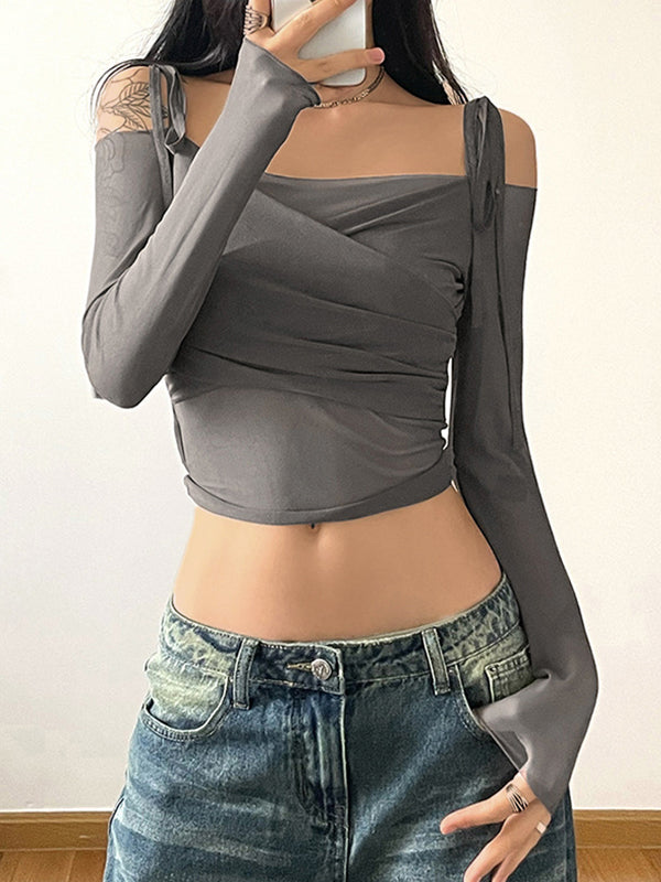 Ruched Lace Up Crop Long Sleeve Tee
