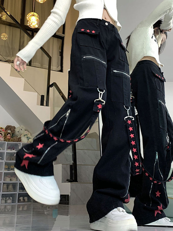 Contrast Color Ribbon Metal Decoration Cargo Jeans