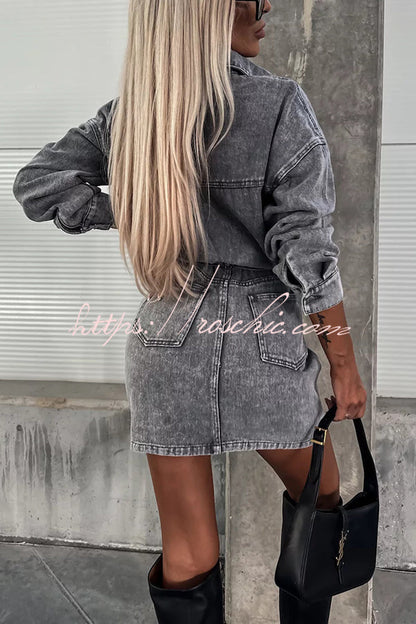 Adele Denim Button Up Belt Pocketed Long Sleeve Mini Dress
