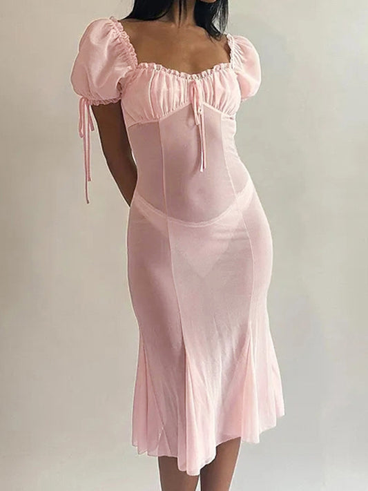 French Chiffon Splice Lace Up Backless? Midi Dress