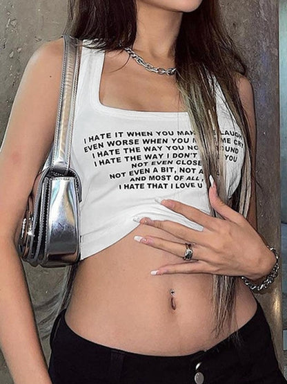 Letter Print Navel Bare Slim Fit Short Tank Top