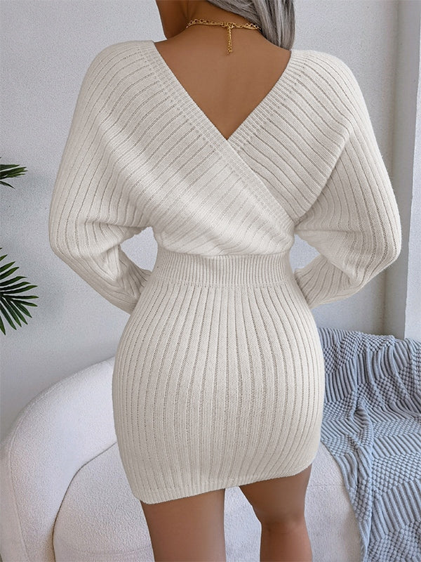 Solid Crossover V Neck Slim Knit Mini Dress