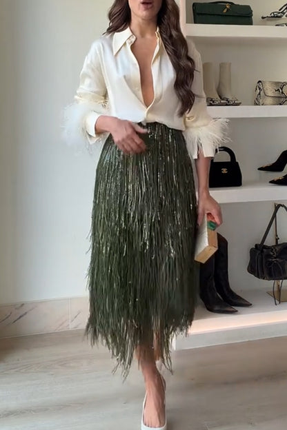 Party Crasher Layered Sequined Tassels High Rise Back Zipper Midi Skirt