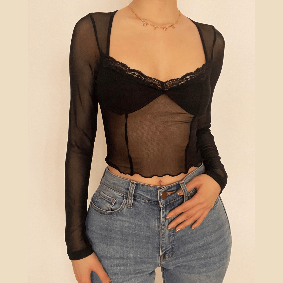 Hem lace ruffled long sleeve mesh crop top | Mesh Long Sleeve Crop Top