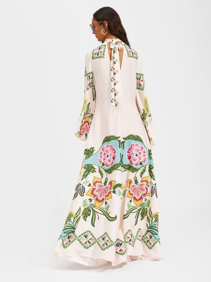 Floral Print Three-quarter Sleeve Stand Collar Long Dress
