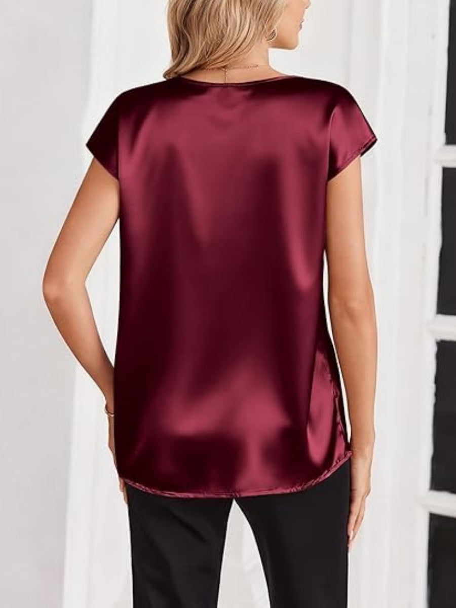 V-neck Satin Leisure Solid Color T-shirts