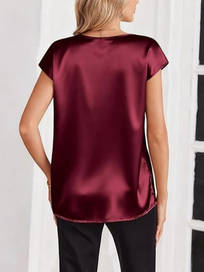 V-neck Satin Leisure Solid Color T-shirts