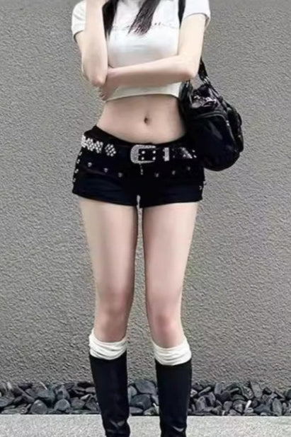 Y2K Gothic Studded Belted Low-Rise Shorts