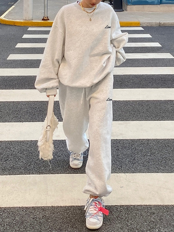Solid Crew Neck Sweatshirt & Bound Feet Sweatpants Set