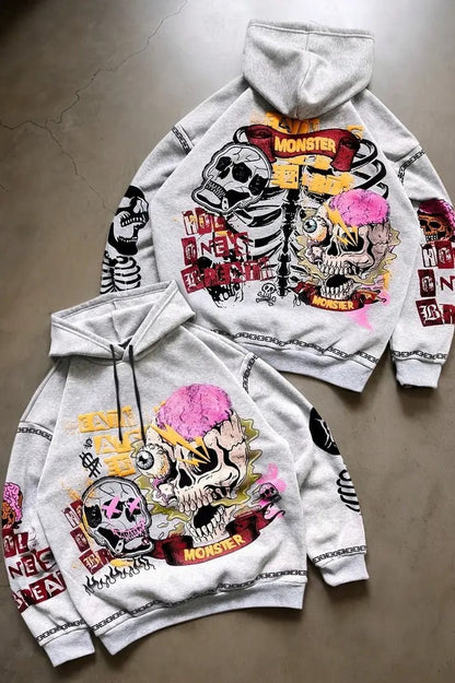 Gothic Skull Print Light Gray Hoodie