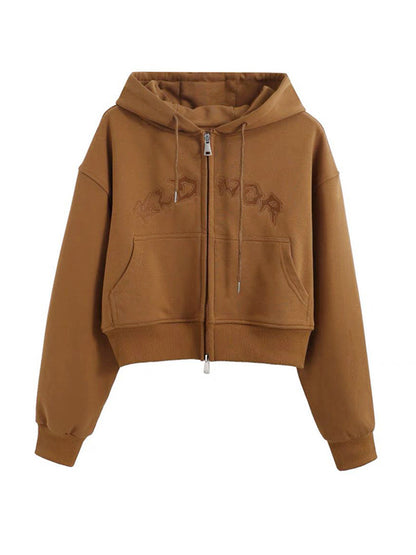 Letter Embroidery Double Zipper Short Oversized Hoodie