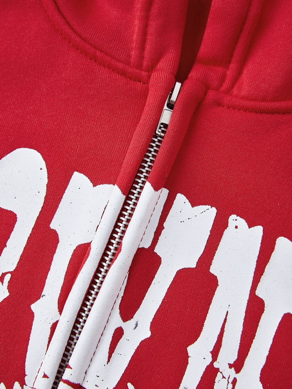 Red Vintage Print Zip Up Oversized Hoodie