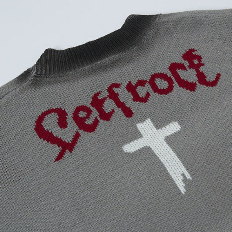 Oversize Cross Letter Jacquard Warm Street Cardigan Sweater