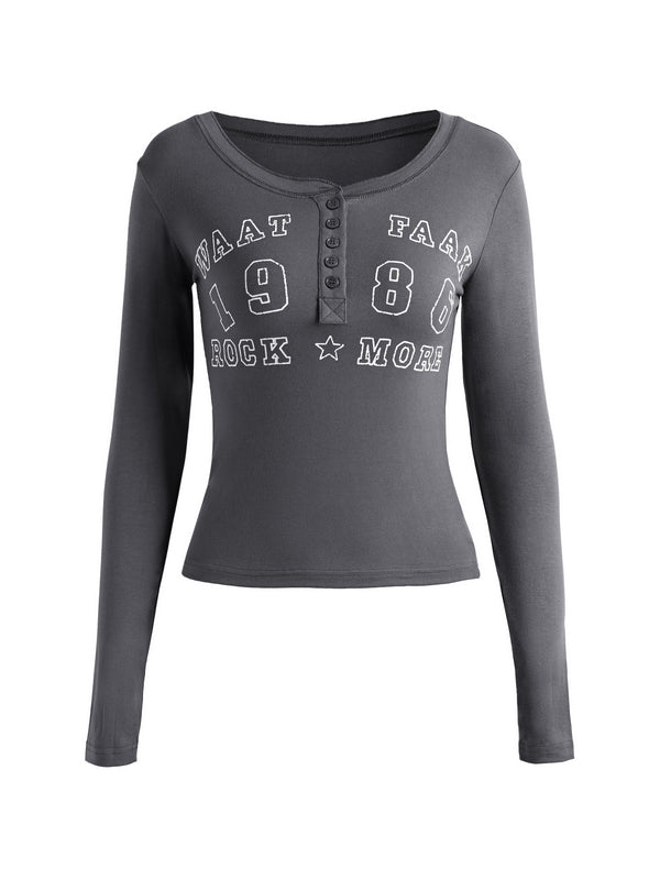 Number Letter Print Breasted Slim Long Sleeve Tee