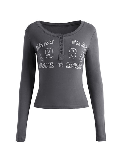 Number Letter Print Breasted Slim Long Sleeve Tee