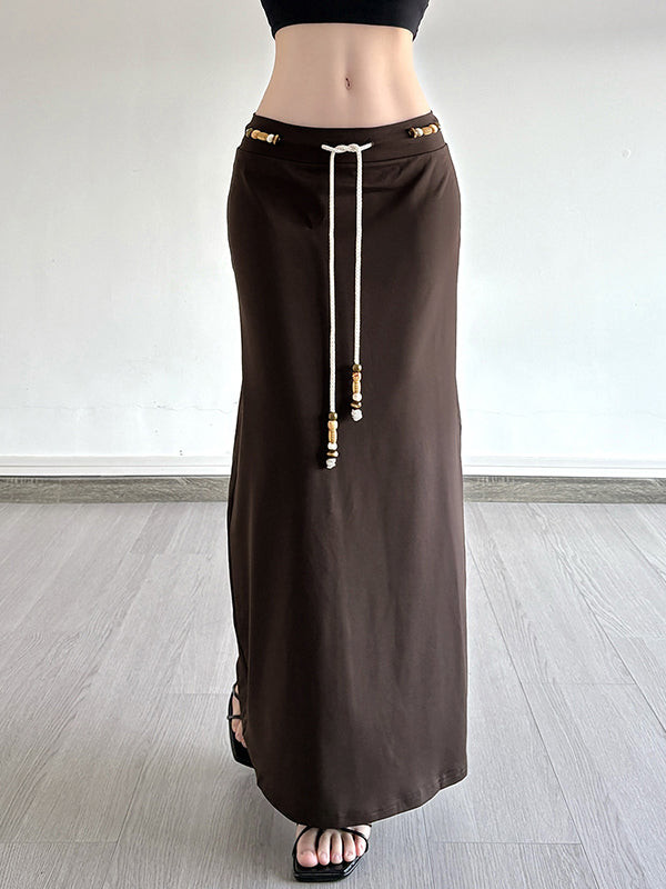 Retro Brown Beaded Lace-Up Maxi Skirt