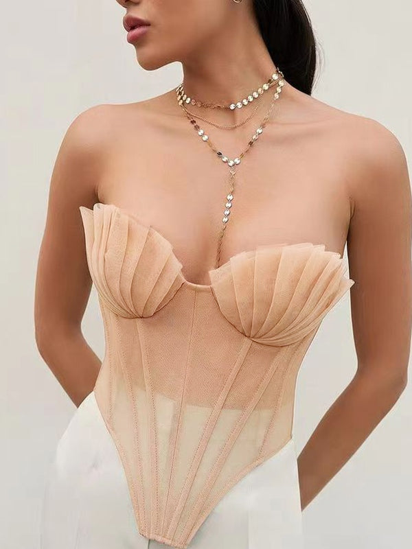 Pleated Shell Tie Back Mesh Corset Top