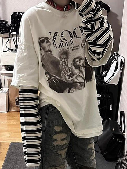 Fake Two Piece Stripe Oversized Long Sleeves Tee