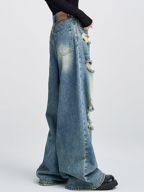 Loose high-waisted versatile straight leg Ripped Jeans