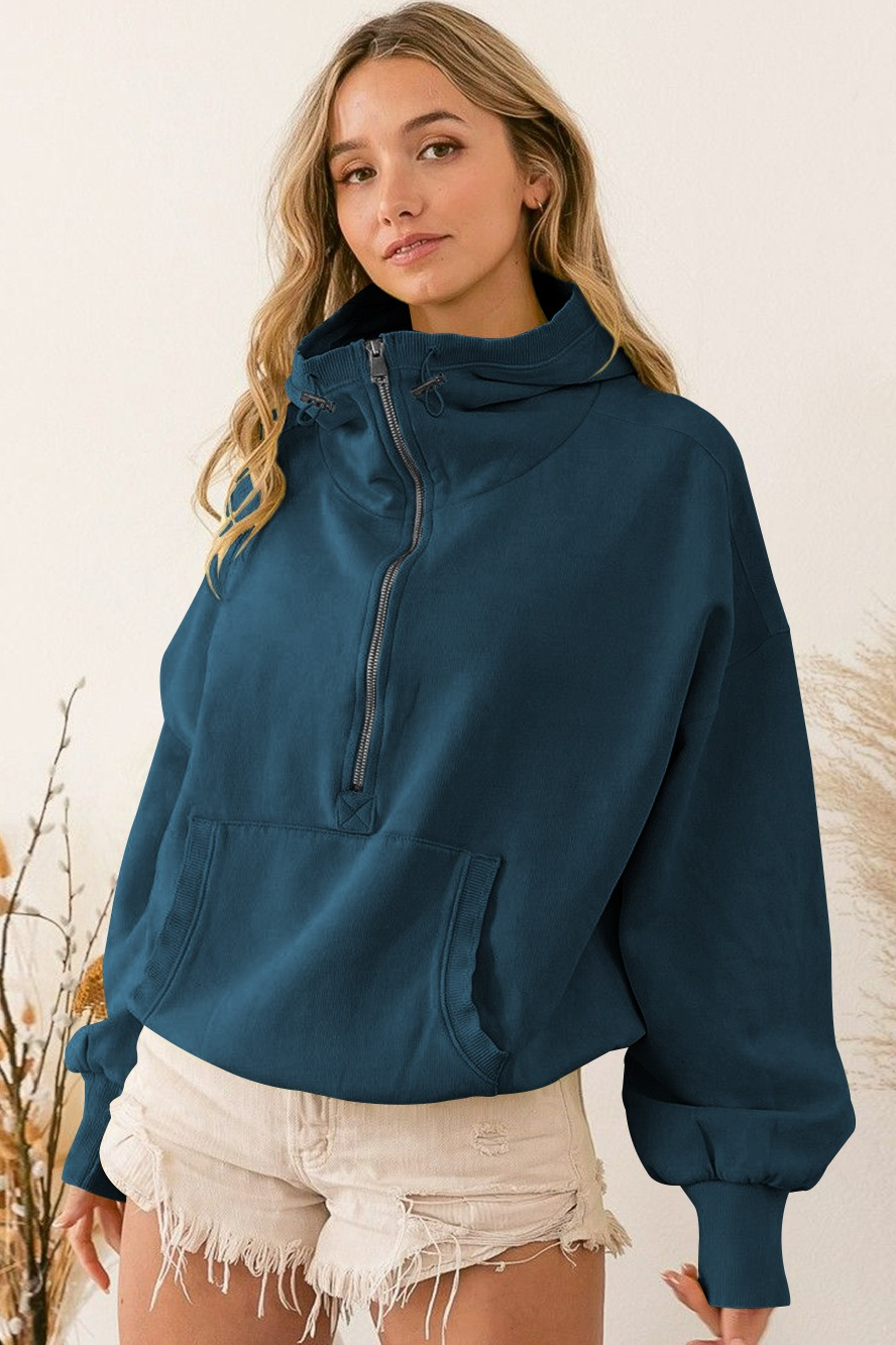 Trendy Athletic Zip Drawstring Long Sleeve Hoodie