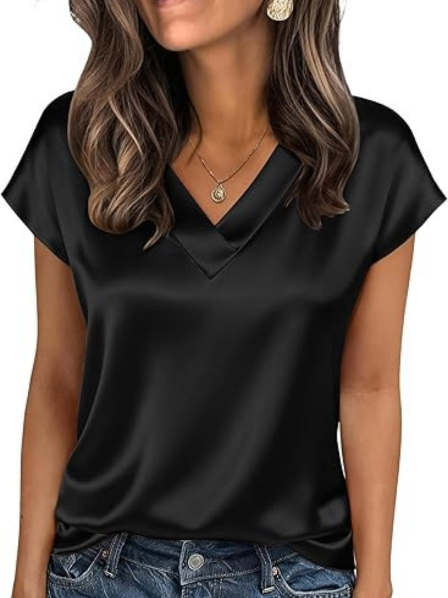 V-neck Satin Leisure Solid Color T-shirts