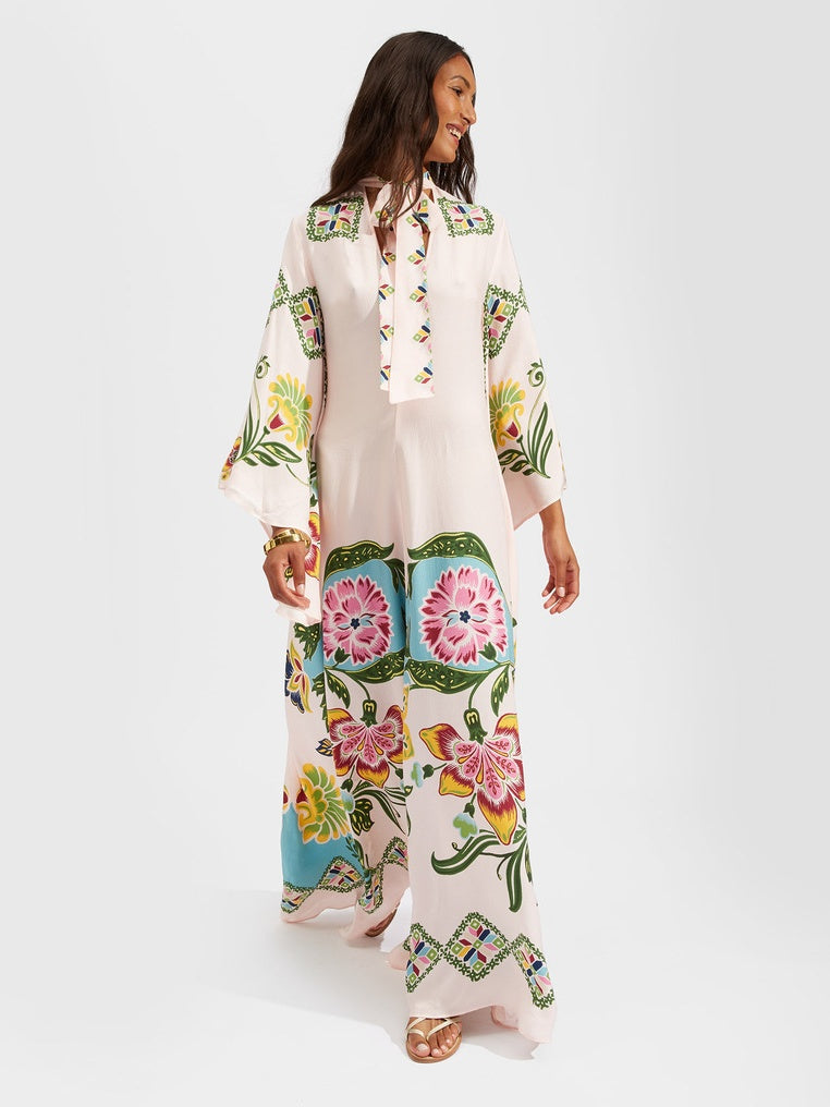 Floral Print Three-quarter Sleeve Stand Collar Long Dress