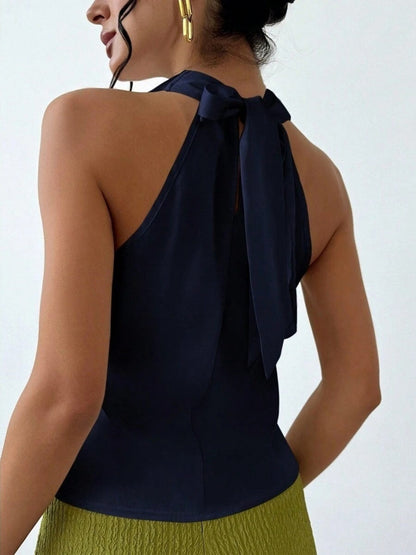 Pleats Solid Color Sexy Sleeveless Satin Satin Vest
