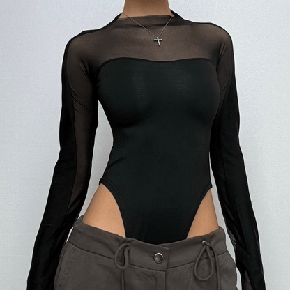Long sleeve high neck mesh patchwork bodysuit  | Festival Outfits Women