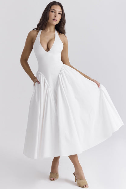 Vestido midi de algodón blanco con cuello halter
