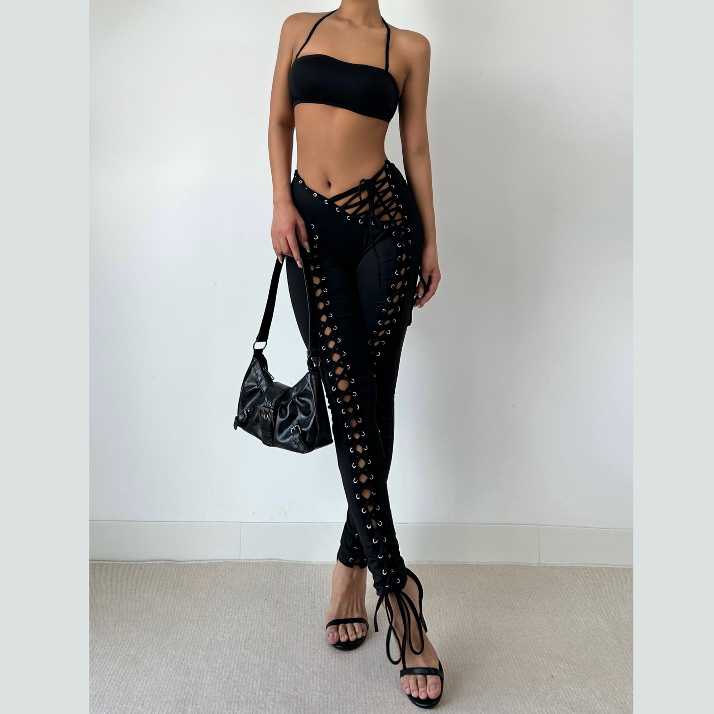 Self tie halter square neck lace up pant set  | Festival Outfits Women