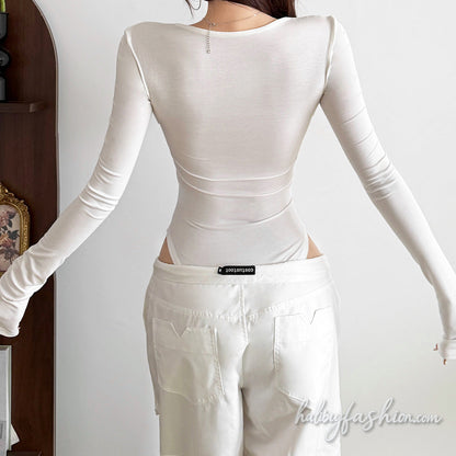 Long sleeve lace hem hollow out v neck bodysuit