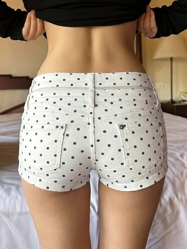 Polka-Dot Double-Waistband Denim Shorts
