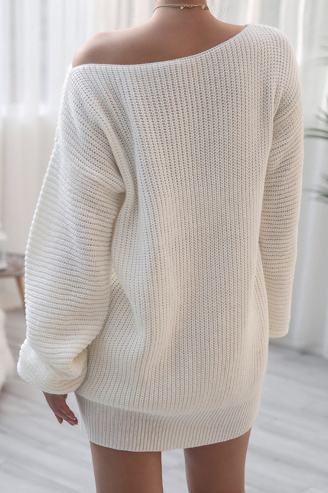 Ribbed Knit Boat Neck Long Sleeve Loose Mini Dress