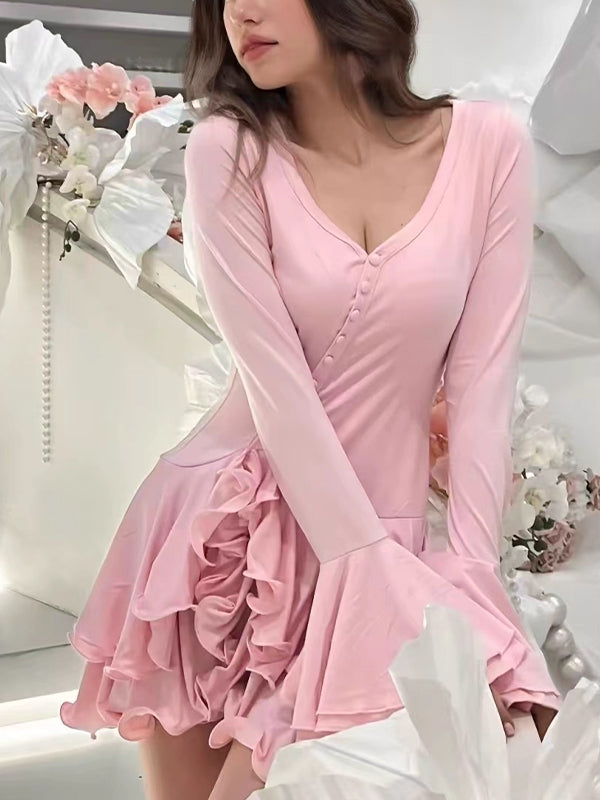 Lace-Trimmed Party Long Sleeve Mini Dress