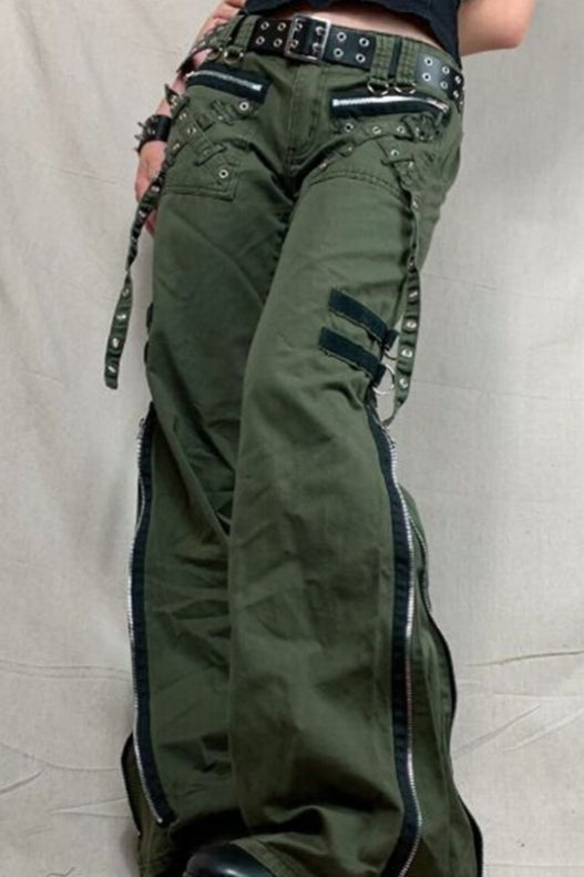 Punk Low-Rise Zip Split Flare Cargo Pants