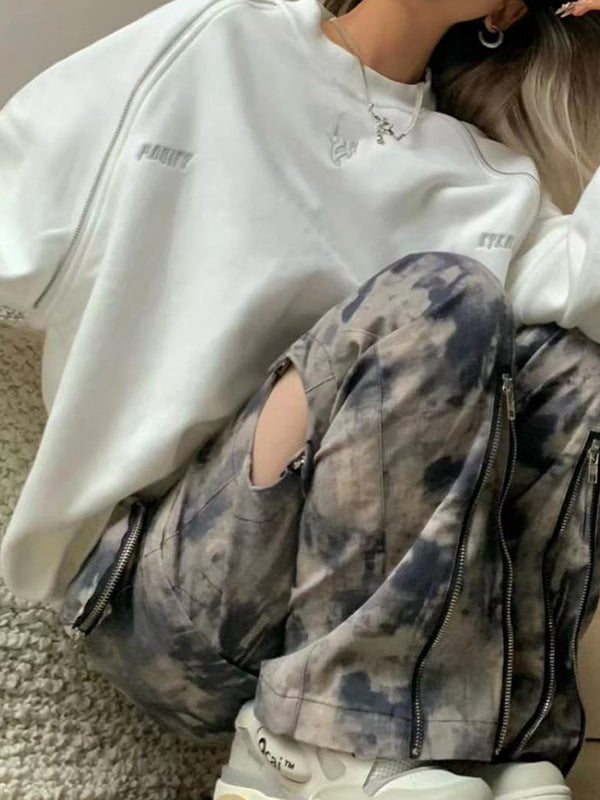 Embroidery Print Zipper Patchwork Sweatshirt