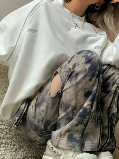 Embroidery Print Zipper Patchwork Sweatshirt