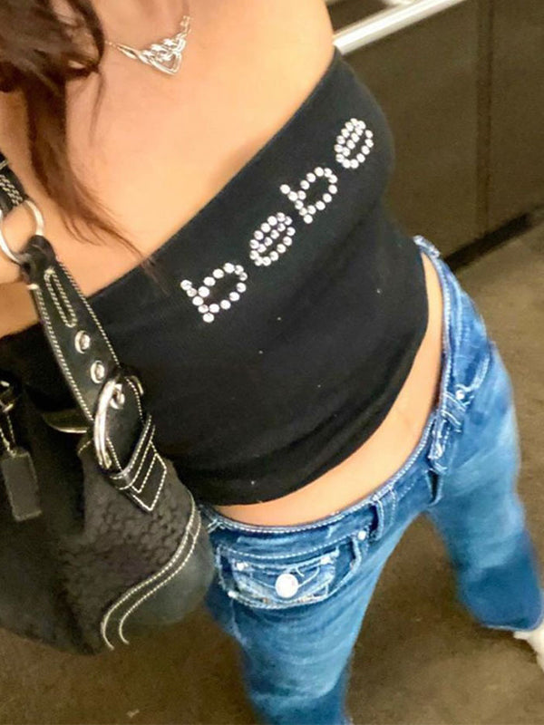 Letter Rhinestone Print Bandeau Top