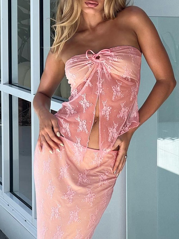 Perspective Lace Tube Top Mid Length Dress Two Piece