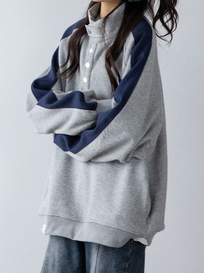 Contrast Color Splice Collar Neck Sweatshirt