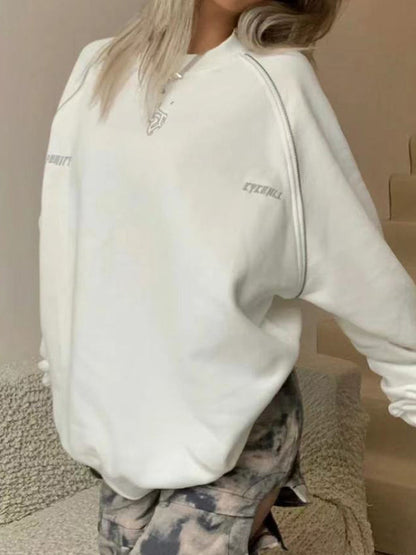 Embroidery Print Zipper Patchwork Sweatshirt