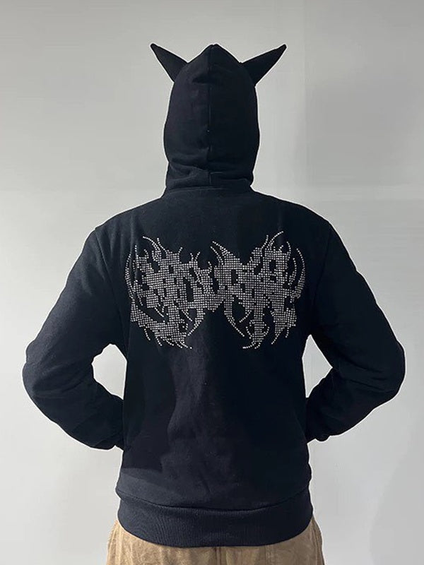 Rhinestone Hooded Loose Zipper Cardigan Hoodie