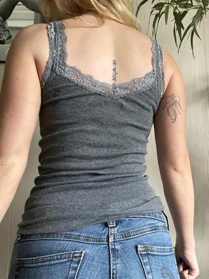 Girl With A Gun Print Lace Trim Gray Tank Top